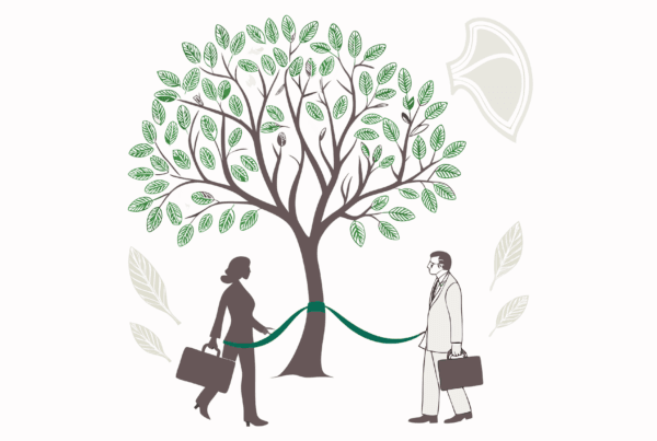 Minimalist illustration of a tree with two business professionals collaborating, symbolizing growth in medical practice mergers and acquisitions - SovDoc healthcare M&A advisors specializing in oncology partnerships.