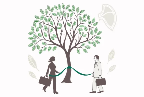 Minimalist illustration of a tree with two business professionals collaborating, symbolizing growth in medical practice mergers and acquisitions - SovDoc healthcare M&A advisors specializing in oncology partnerships.