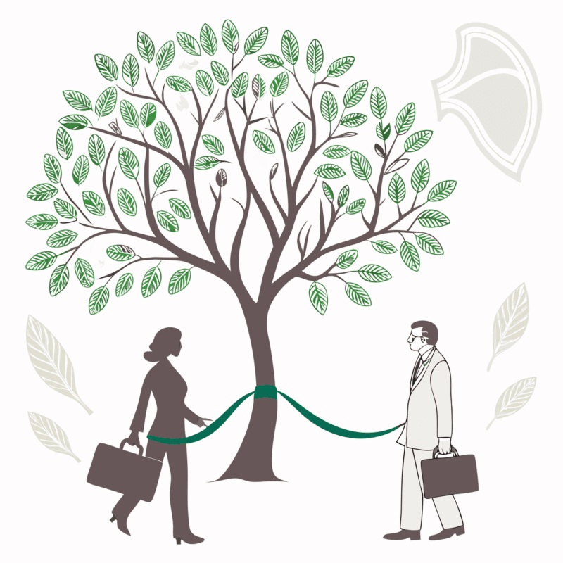 Minimalist illustration of a tree with two business professionals collaborating, symbolizing growth in medical practice mergers and acquisitions - SovDoc healthcare M&A advisors specializing in oncology partnerships.