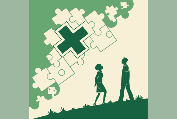 Abstract illustration of medical merger and acquisition concept featuring a medical cross symbol with stylized figures representing business lawyers advising on orthopedic and MSK practice mergers - SovDoc healthcare M&A advisory services for medical practice consolidation