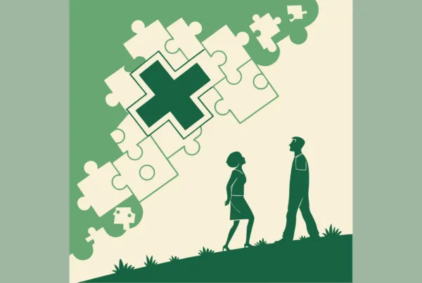 Abstract illustration of medical merger and acquisition concept featuring a medical cross symbol with stylized figures representing business lawyers advising on orthopedic and MSK practice mergers - SovDoc healthcare M&A advisory services for medical practice consolidation