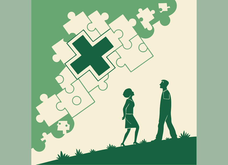 Abstract illustration of medical merger and acquisition concept featuring a medical cross symbol with stylized figures representing business lawyers advising on orthopedic and MSK practice mergers - SovDoc healthcare M&A advisory services for medical practice consolidation
