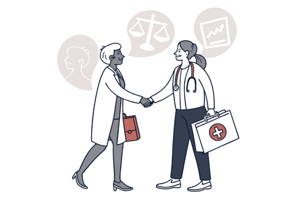 Symbolic handshake between lawyer and physical therapist figures representing healthcare M&A in outpatient physical therapy practices. SovDoc facilitates mergers and acquisitions in the PT sector through expert legal and clinical advisory services.