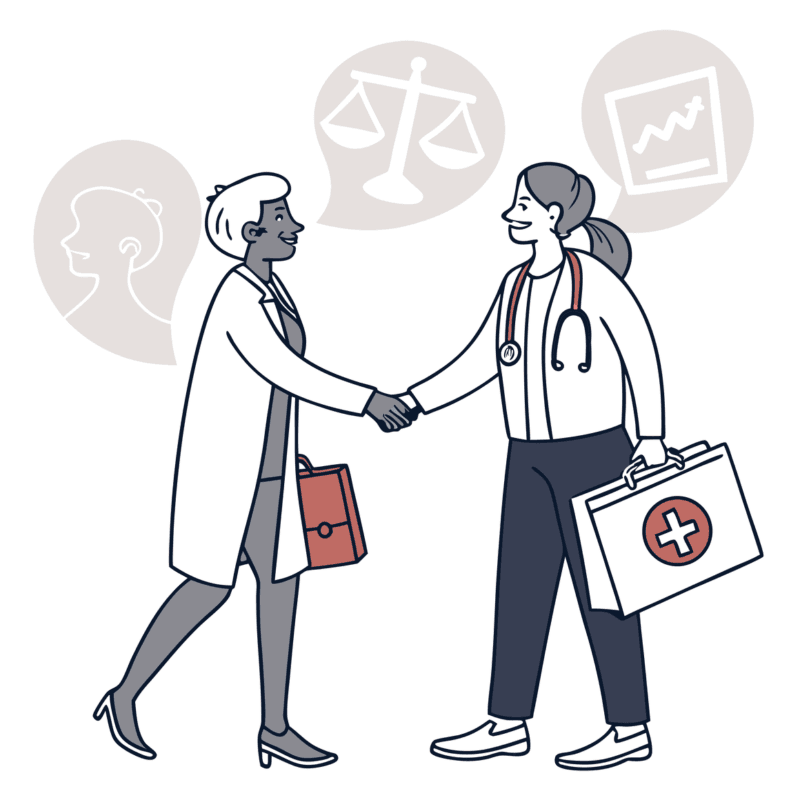 Symbolic handshake between lawyer and physical therapist figures representing healthcare M&A in outpatient physical therapy practices. SovDoc facilitates mergers and acquisitions in the PT sector through expert legal and clinical advisory services.
