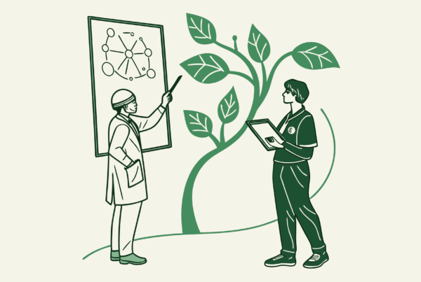 Stylized illustration showing a plastic surgeon and business lawyer discussing M&A strategy with diagrams - SovDoc facilitating medical practice mergers and acquisitions in plastic surgery