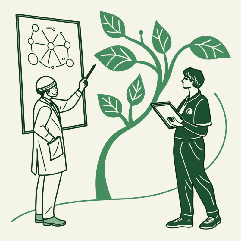 Stylized illustration showing a plastic surgeon and business lawyer discussing M&A strategy with diagrams - SovDoc facilitating medical practice mergers and acquisitions in plastic surgery