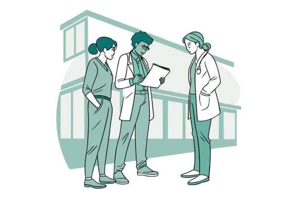 SovDoc healthcare M&A professionals collaborating on primary care practice mergers and acquisitions, with legal and medical experts discussing documentation - representing healthcare business advisory services.