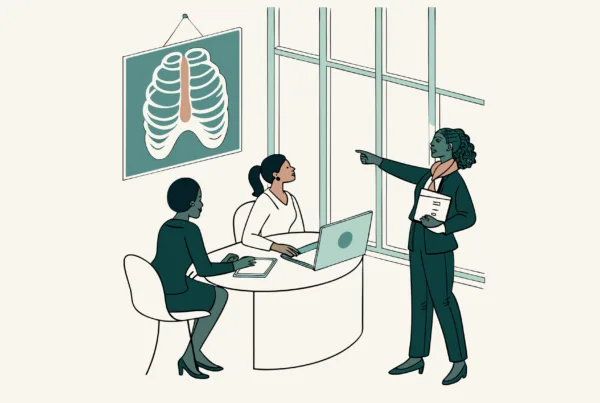 SovDoc advisory meeting illustration showing legal professionals discussing radiology practice mergers and acquisitions with medical and financial visualization tools, representing healthcare M&A expertise.