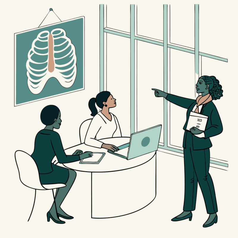 SovDoc advisory meeting illustration showing legal professionals discussing radiology practice mergers and acquisitions with medical and financial visualization tools, representing healthcare M&A expertise.
