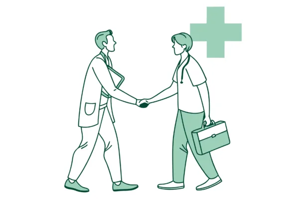 Abstract illustration showing healthcare merger between sports medicine and performance therapy practices, represented by figures converging toward a central handshake. SovDoc specializes in medical practice mergers and acquisitions for healthcare professionals.