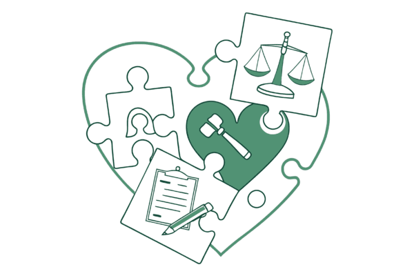 SovDoc healthcare M&A illustration showing compliance aspects of cardiology practice mergers and acquisitions, represented by a green heart surrounded by interconnected legal puzzle pieces