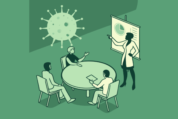 SovDoc healthcare M&A advisors in a roundtable discussion about dermatology practice mergers and acquisitions, with compliance legal expertise represented through collaborative consultation around a cellular model.