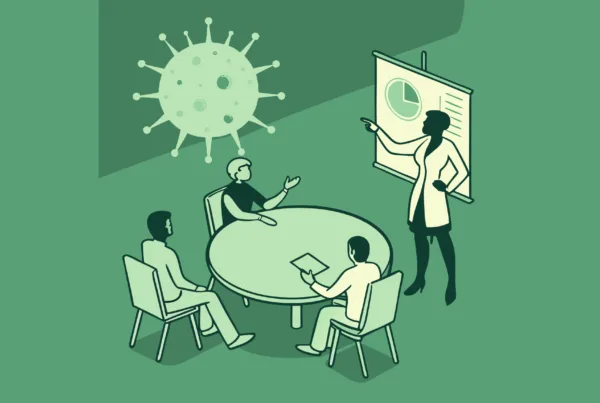 SovDoc healthcare M&A advisors in a roundtable discussion about dermatology practice mergers and acquisitions, with compliance legal expertise represented through collaborative consultation around a cellular model.