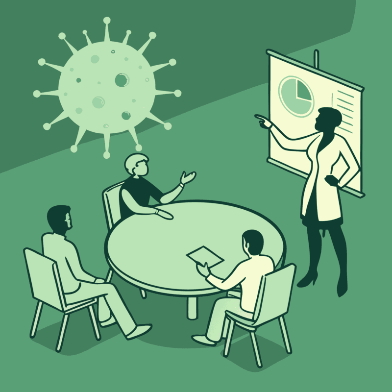 SovDoc healthcare M&A advisors in a roundtable discussion about dermatology practice mergers and acquisitions, with compliance legal expertise represented through collaborative consultation around a cellular model.