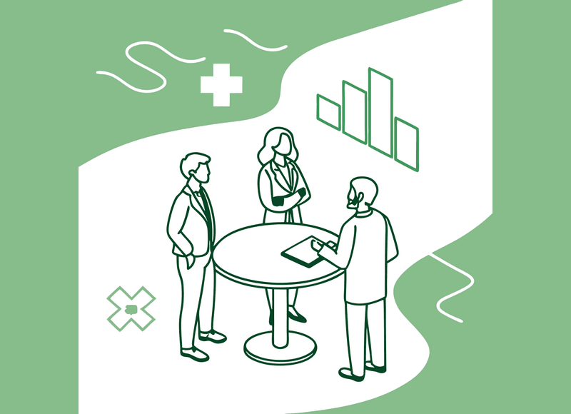 SovDoc healthcare advisory illustration depicting compliance lawyers discussing ENT medical practice mergers and acquisitions, representing specialized healthcare M&A legal consultation.