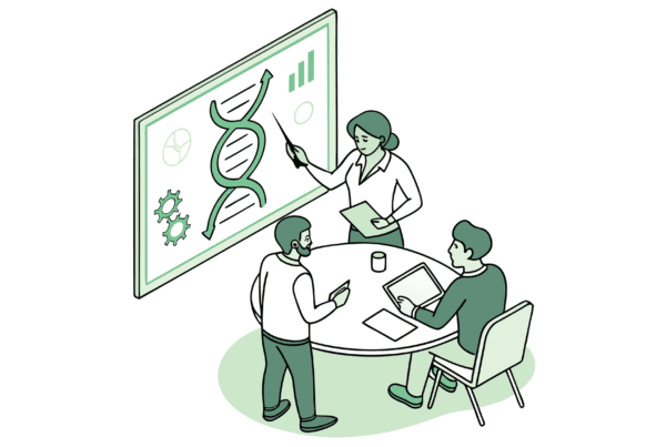 Stylized illustration of compliance lawyers discussing GI & Hepatology practice mergers and acquisitions at SovDoc. The image shows professionals analyzing healthcare compliance data with medical and financial elements symbolizing the specialized due diligence process in gastroenterology and hepatology practice transactions.