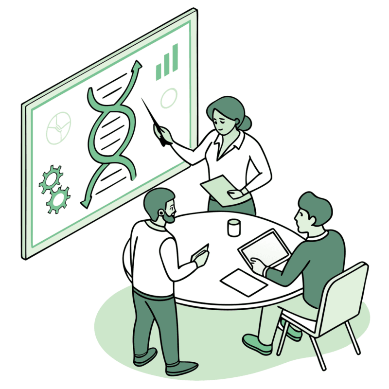 Stylized illustration of compliance lawyers discussing GI & Hepatology practice mergers and acquisitions at SovDoc. The image shows professionals analyzing healthcare compliance data with medical and financial elements symbolizing the specialized due diligence process in gastroenterology and hepatology practice transactions.