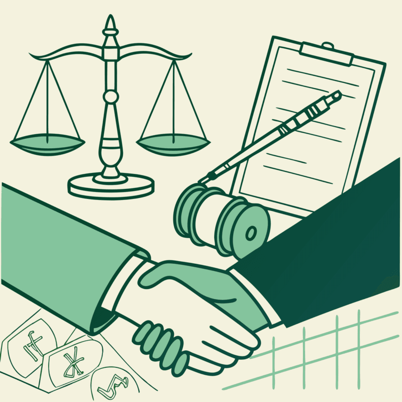 Stylized handshake illustration connecting medical equipment and legal documents, representing interventional pain practice mergers and acquisitions. SovDoc provides specialized M&A advisory for healthcare compliance transactions.