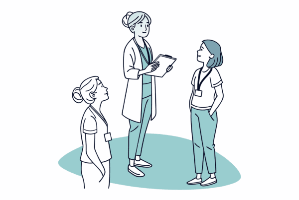 Vector illustration showing a legal advisor guiding med spa practice owners through mergers and acquisitions, with simplified representations of legal documents and medical elements - SovDoc healthcare M&A compliance expertise for medical practice transactions