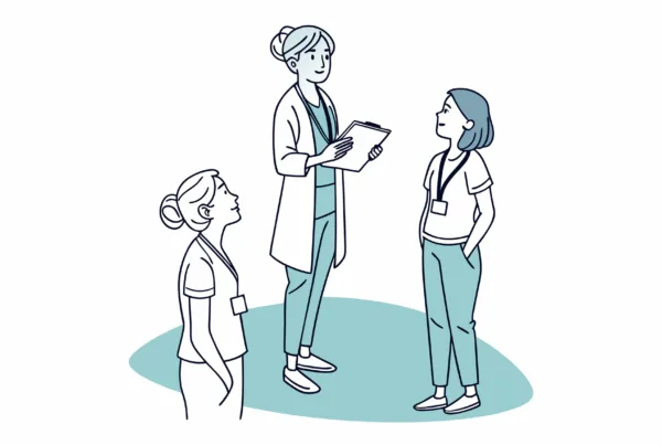 Vector illustration showing a legal advisor guiding med spa practice owners through mergers and acquisitions, with simplified representations of legal documents and medical elements - SovDoc healthcare M&A compliance expertise for medical practice transactions