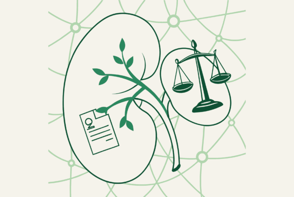 SovDoc healthcare M&A illustration showing kidney symbol connected to legal contract elements, representing compliance considerations in nephrology practice mergers and acquisitions.