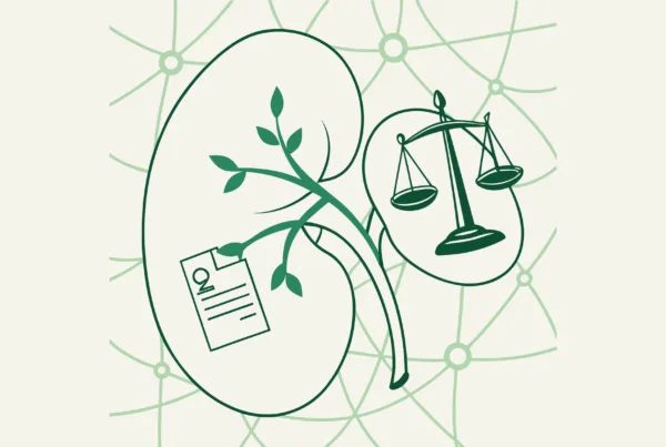 SovDoc healthcare M&A illustration showing kidney symbol connected to legal contract elements, representing compliance considerations in nephrology practice mergers and acquisitions.