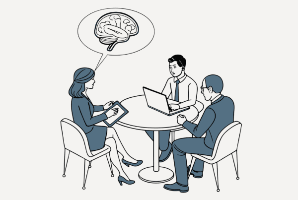 SovDoc healthcare M&A roundtable discussion showing professionals analyzing neurological rehabilitation compliance considerations during medical practice mergers and acquisitions, with digital brain visualization representing specialized healthcare legal advisory services.