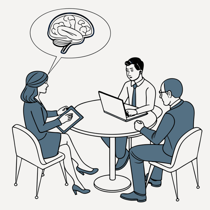 SovDoc healthcare M&A roundtable discussion showing professionals analyzing neurological rehabilitation compliance considerations during medical practice mergers and acquisitions, with digital brain visualization representing specialized healthcare legal advisory services.