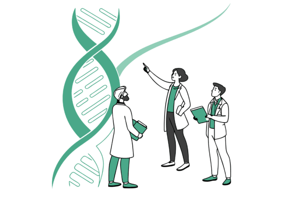 SovDoc healthcare M&A illustration showing three diverse compliance lawyers collaborating around an abstract green double helix, representing oncology practice mergers and acquisitions legal guidance