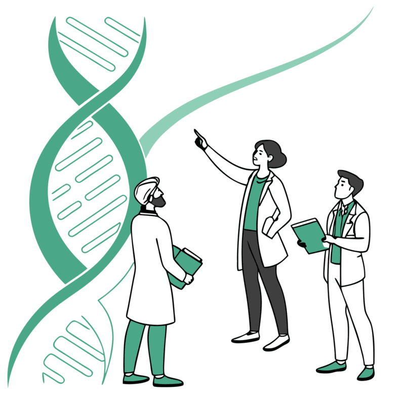 SovDoc healthcare M&A illustration showing three diverse compliance lawyers collaborating around an abstract green double helix, representing oncology practice mergers and acquisitions legal guidance