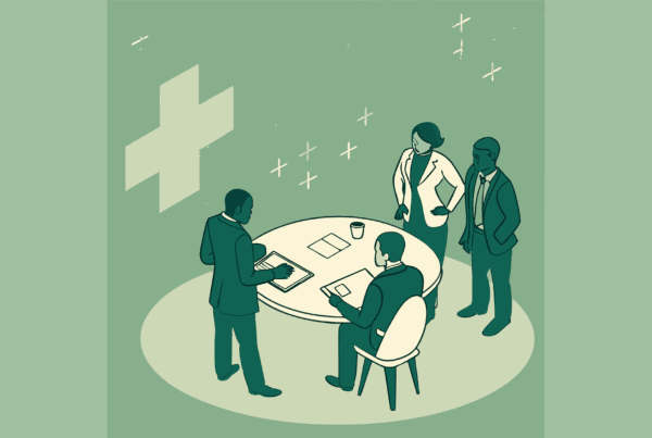 SovDoc illustration of legal advisors collaborating around a table during healthcare M&A discussions, highlighting compliance expertise for orthopedic and MSK practice mergers and acquisitions.