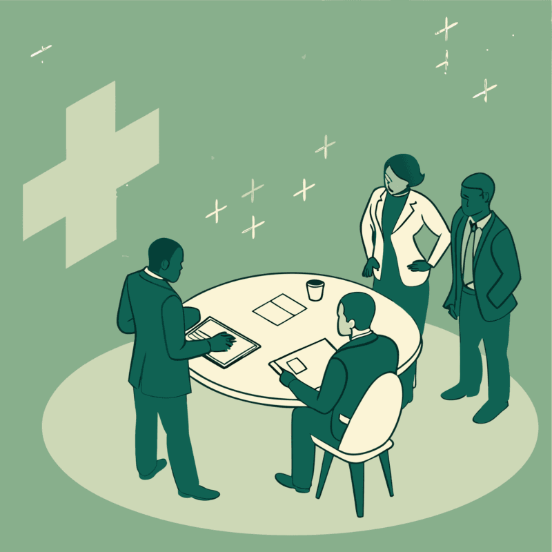 SovDoc illustration of legal advisors collaborating around a table during healthcare M&A discussions, highlighting compliance expertise for orthopedic and MSK practice mergers and acquisitions.