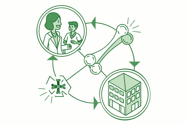 Vector illustration showing stylized human bones interconnected with building blocks and small figurative advisors, representing SovDoc's specialized compliance and legal advisory services for orthopedic and post-surgical rehabilitation practice mergers and acquisitions.
