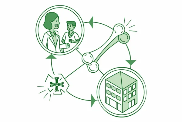Vector illustration showing stylized human bones interconnected with building blocks and small figurative advisors, representing SovDoc's specialized compliance and legal advisory services for orthopedic and post-surgical rehabilitation practice mergers and acquisitions.