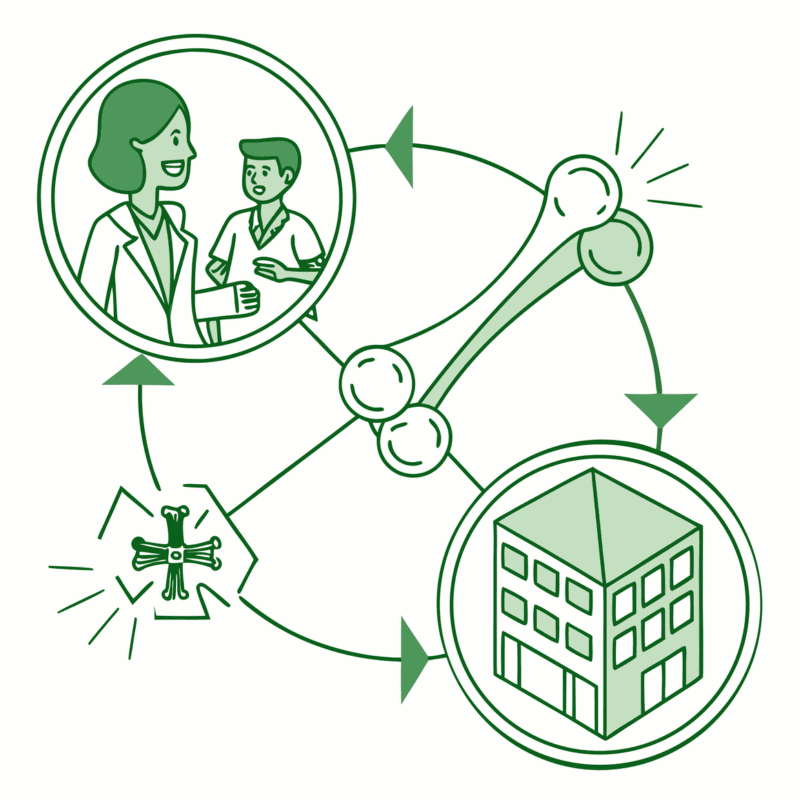 Vector illustration showing stylized human bones interconnected with building blocks and small figurative advisors, representing SovDoc's specialized compliance and legal advisory services for orthopedic and post-surgical rehabilitation practice mergers and acquisitions.
