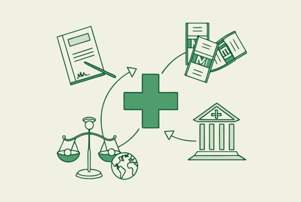 Abstract illustration showing the merger of healthcare entities with legal and medical symbols for SovDoc's primary care practice M&A compliance advisory services