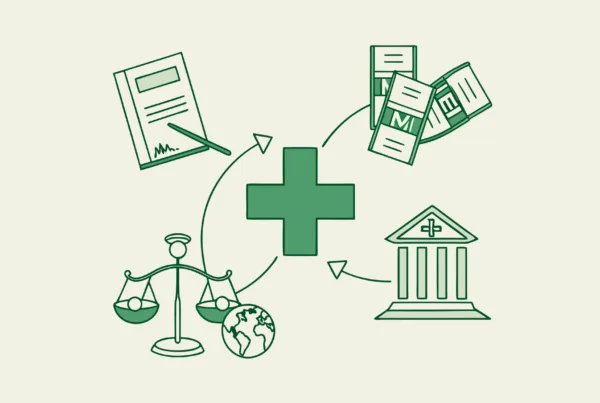 Abstract illustration showing the merger of healthcare entities with legal and medical symbols for SovDoc's primary care practice M&A compliance advisory services