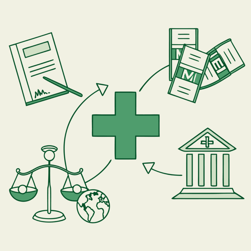 Abstract illustration showing the merger of healthcare entities with legal and medical symbols for SovDoc's primary care practice M&A compliance advisory services