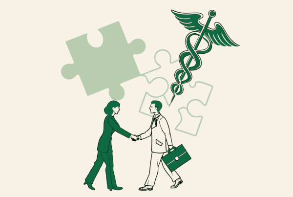 Two business figures shaking hands with medical caduceus symbol and puzzle pieces - representing SovDoc's expertise in compliance and M&A advisory for Sports Medicine & Performance Therapy practice mergers and acquisitions.