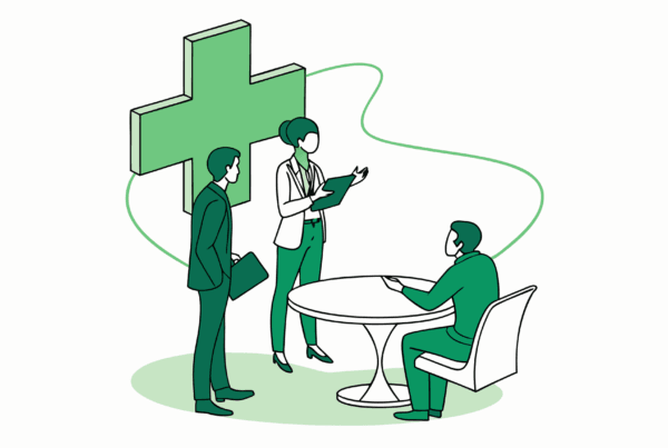 SovDoc healthcare M&A illustration showing compliance advisors in an urgent care acquisition meeting, with medical and legal professionals discussing regulatory considerations around a conference table with healthcare compliance symbols.