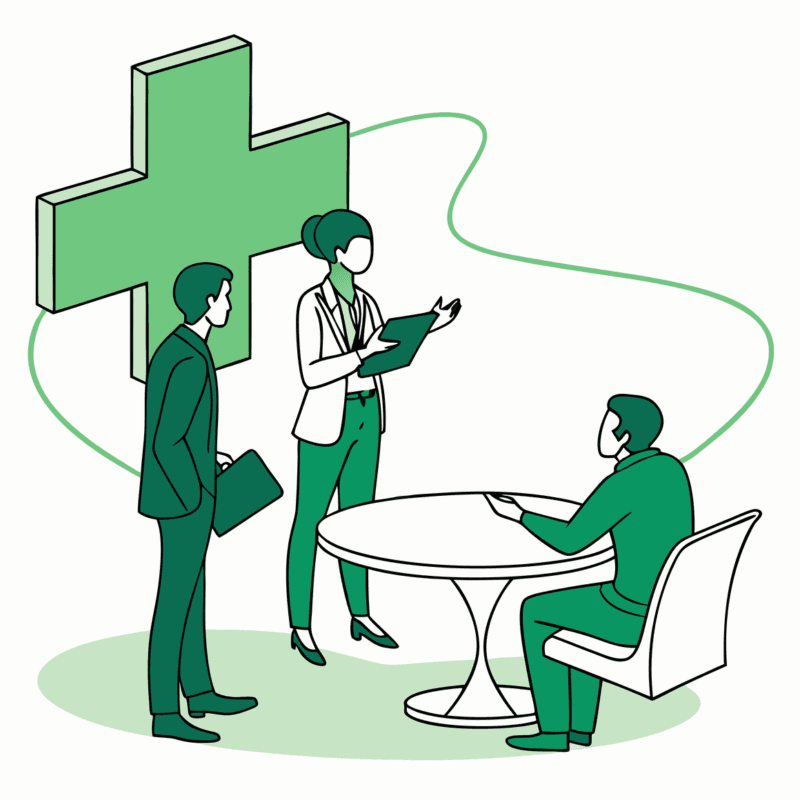 SovDoc healthcare M&A illustration showing compliance advisors in an urgent care acquisition meeting, with medical and legal professionals discussing regulatory considerations around a conference table with healthcare compliance symbols.
