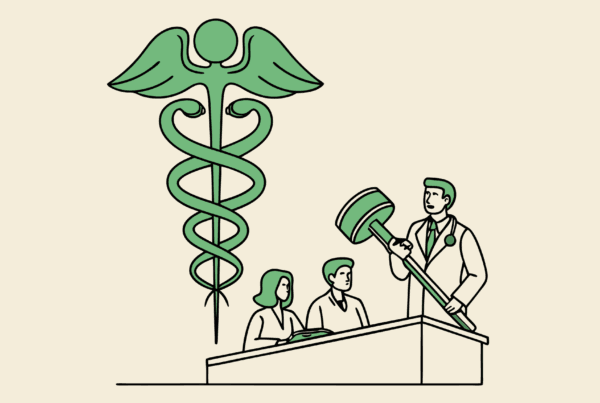 SovDoc illustration depicting compliance lawyers collaborating on urology practice mergers and acquisitions, featuring medical and legal symbols representing healthcare M&A expertise and regulatory due diligence.