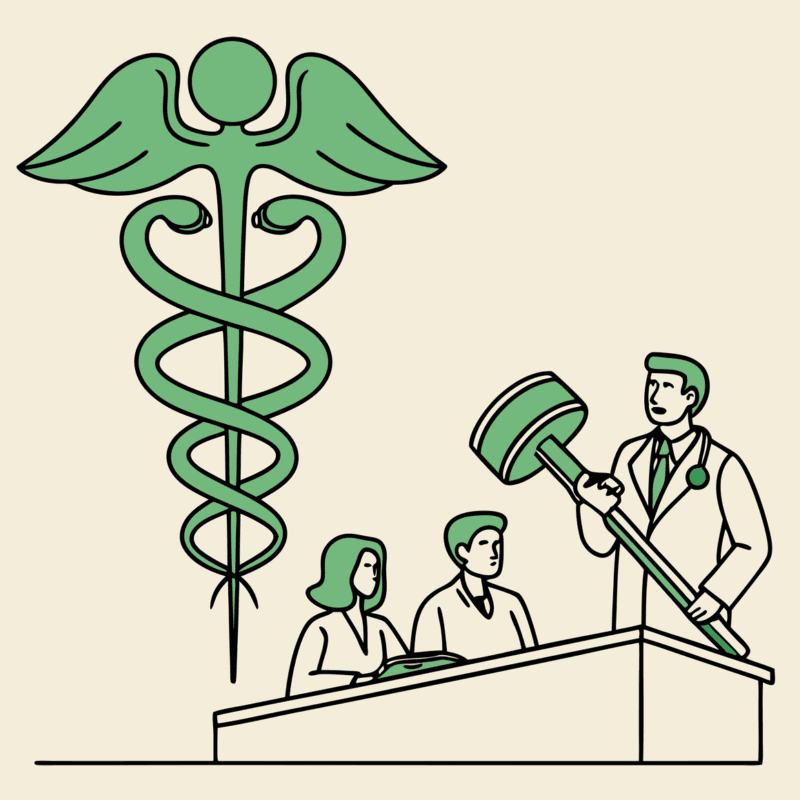 SovDoc illustration depicting compliance lawyers collaborating on urology practice mergers and acquisitions, featuring medical and legal symbols representing healthcare M&A expertise and regulatory due diligence.