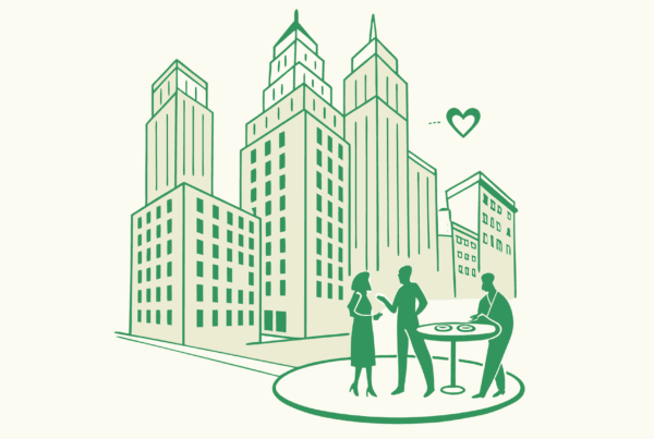 Minimalist illustration of CPAs discussing cardiology practice mergers and acquisitions around a table with network diagrams flowing from cityscape buildings with heart elements - SovDoc healthcare M&A advisory services
