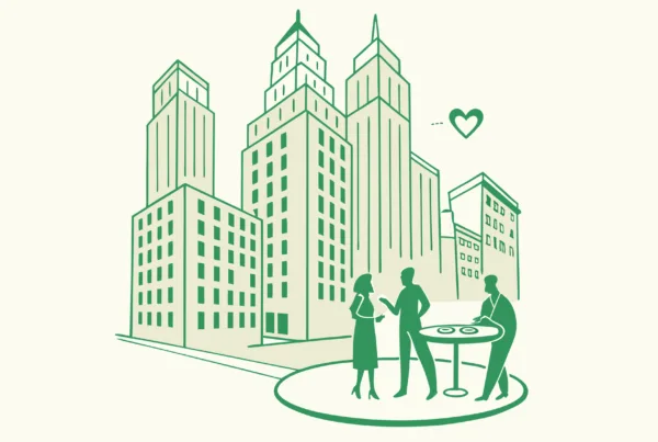 Minimalist illustration of CPAs discussing cardiology practice mergers and acquisitions around a table with network diagrams flowing from cityscape buildings with heart elements - SovDoc healthcare M&A advisory services