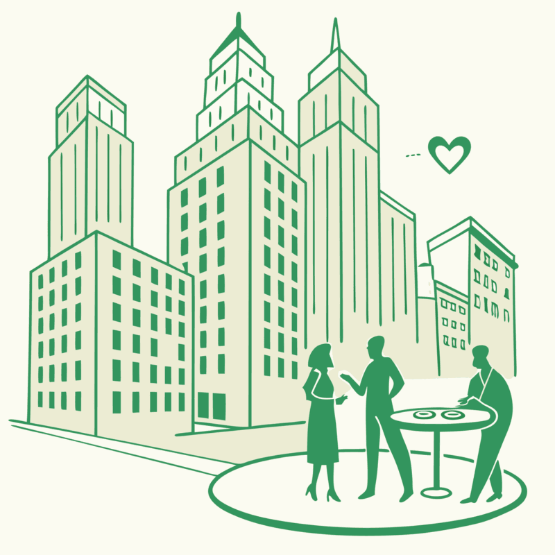 Minimalist illustration of CPAs discussing cardiology practice mergers and acquisitions around a table with network diagrams flowing from cityscape buildings with heart elements - SovDoc healthcare M&A advisory services