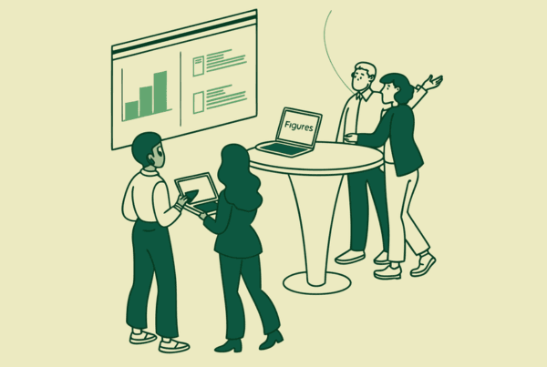 Stylized professionals discussing dental practice M&A strategies around a modern table with technology and financial growth charts - SovDoc healthcare M&A advisors helping CPAs navigate dental practice mergers and acquisitions.