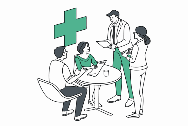 SovDoc healthcare M&A advisors in a strategic meeting discussing dermatology practice mergers and acquisitions, with professionals analyzing documentation around a conference table with medical symbolism present.