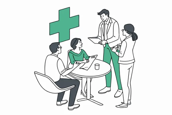 SovDoc healthcare M&A advisors in a strategic meeting discussing dermatology practice mergers and acquisitions, with professionals analyzing documentation around a conference table with medical symbolism present.