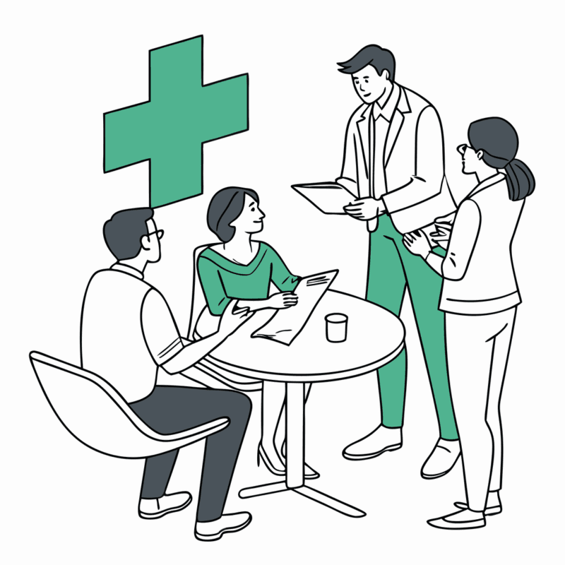 SovDoc healthcare M&A advisors in a strategic meeting discussing dermatology practice mergers and acquisitions, with professionals analyzing documentation around a conference table with medical symbolism present.